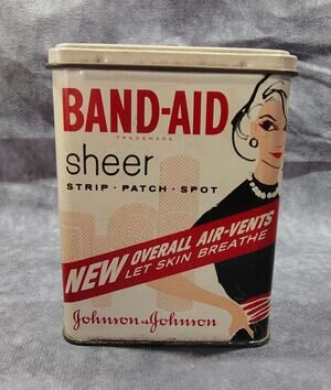 Vintage Johnson & Johnson Band-Aid Sheer Strips Tin Box w/Woman in Blue Dress
